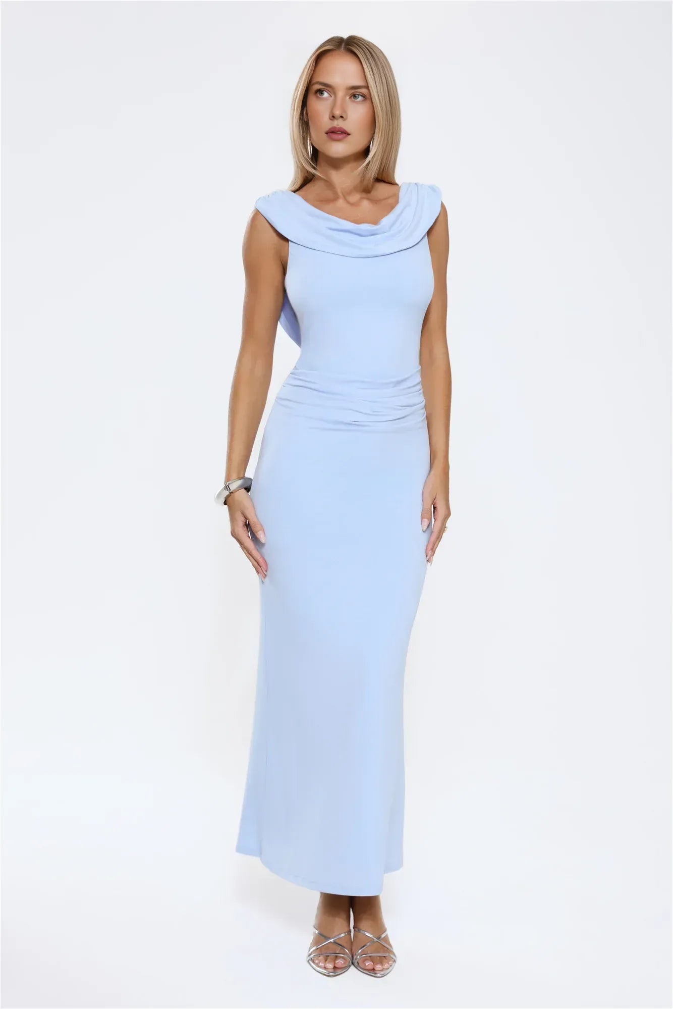 Chic Sheath Cowl Neck Tie Back Ruched Light Blue Floor-Length Prom Dress