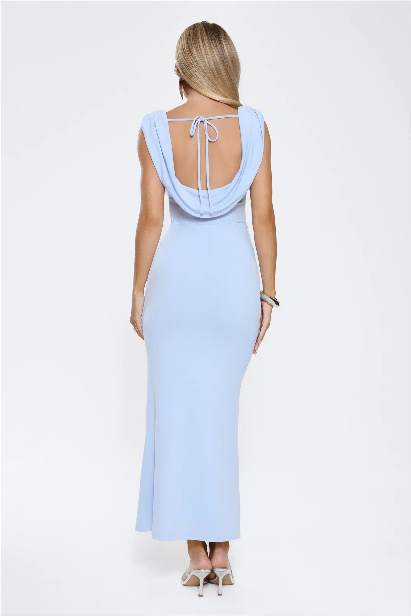 Chic Sheath Cowl Neck Tie Back Ruched Light Blue Floor-Length Prom Dress