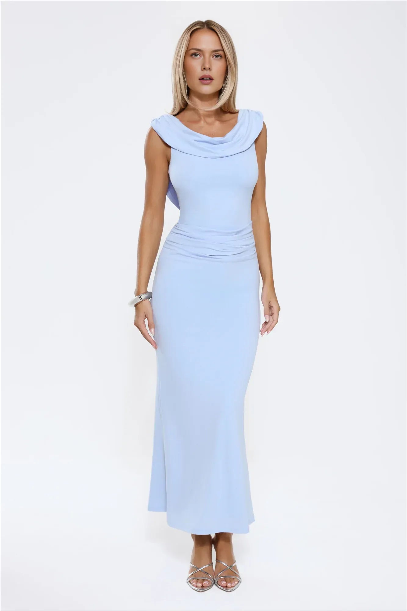 Chic Sheath Cowl Neck Tie Back Ruched Light Blue Floor-Length Prom Dress