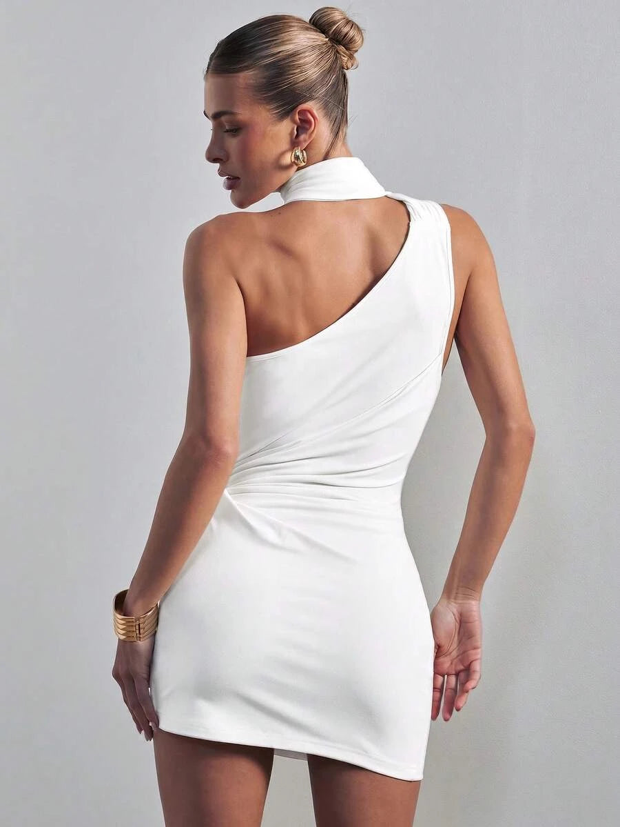 Chic Sheath Halter Neck Twisted Draped Bodycon White Mini Homecoming Dress