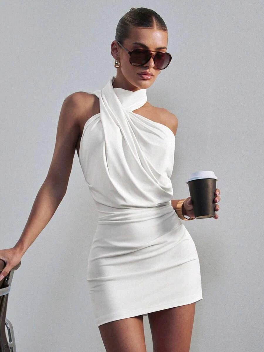 Chic Sheath Halter Neck Twisted Draped Bodycon White Mini Homecoming Dress