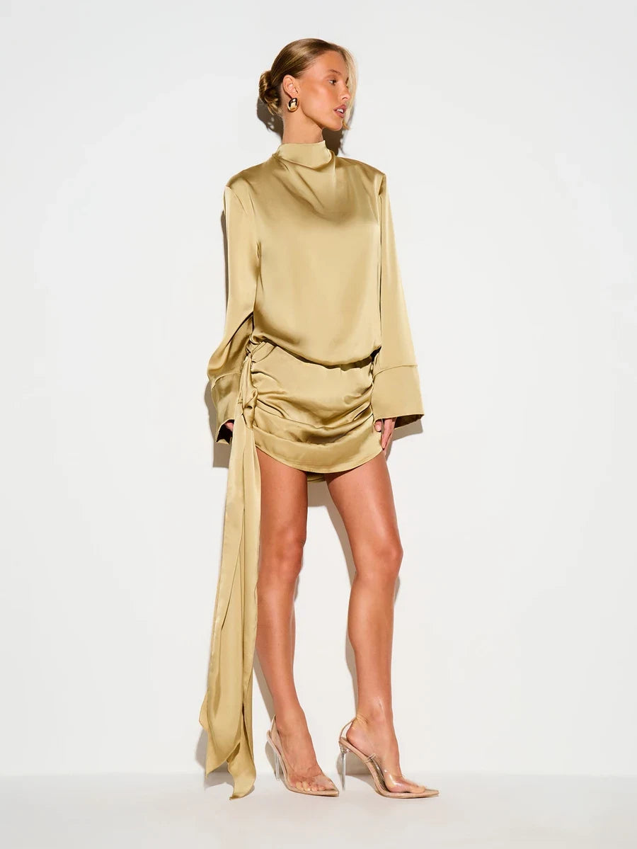 Chic Sheath Mock Neck Long Sleeve Ruched Draped Olive Gold Mini Homecoming Dress