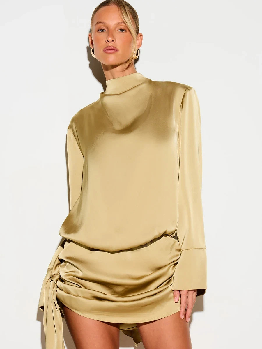 Chic Sheath Mock Neck Long Sleeve Ruched Draped Olive Gold Mini Homecoming Dress