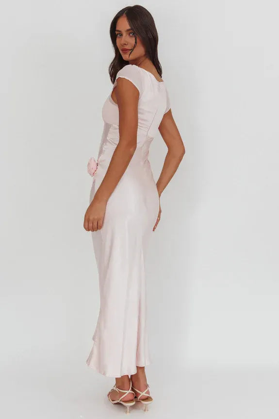 Pretty Cap Sleeve Rosette Zipper Back Chiffon Pink Maxi Prom Dress