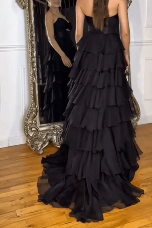 Chiffon A-Line Layered Rose Strapless V-Neck Sleeveless Formal Prom Dress With Slit