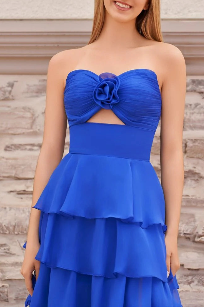 Chiffon A-Line Layered Rose Strapless V-Neck Sleeveless Formal Prom Dress With Slit