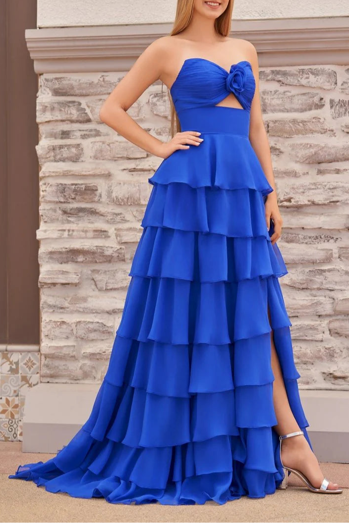 Chiffon A-Line Layered Rose Strapless V-Neck Sleeveless Formal Prom Dress With Slit
