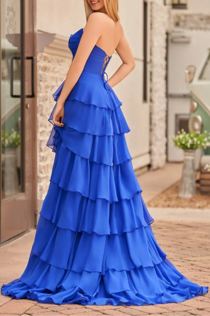 Chiffon A-Line Layered Rose Strapless V-Neck Sleeveless Formal Prom Dress With Slit