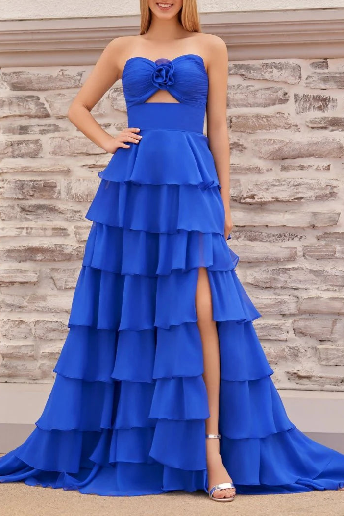 Chiffon A-Line Layered Rose Strapless V-Neck Sleeveless Formal Prom Dress With Slit