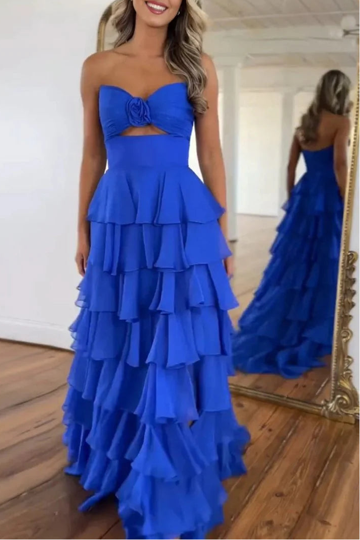 Chiffon A-Line Layered Rose Strapless V-Neck Sleeveless Formal Prom Dress With Slit