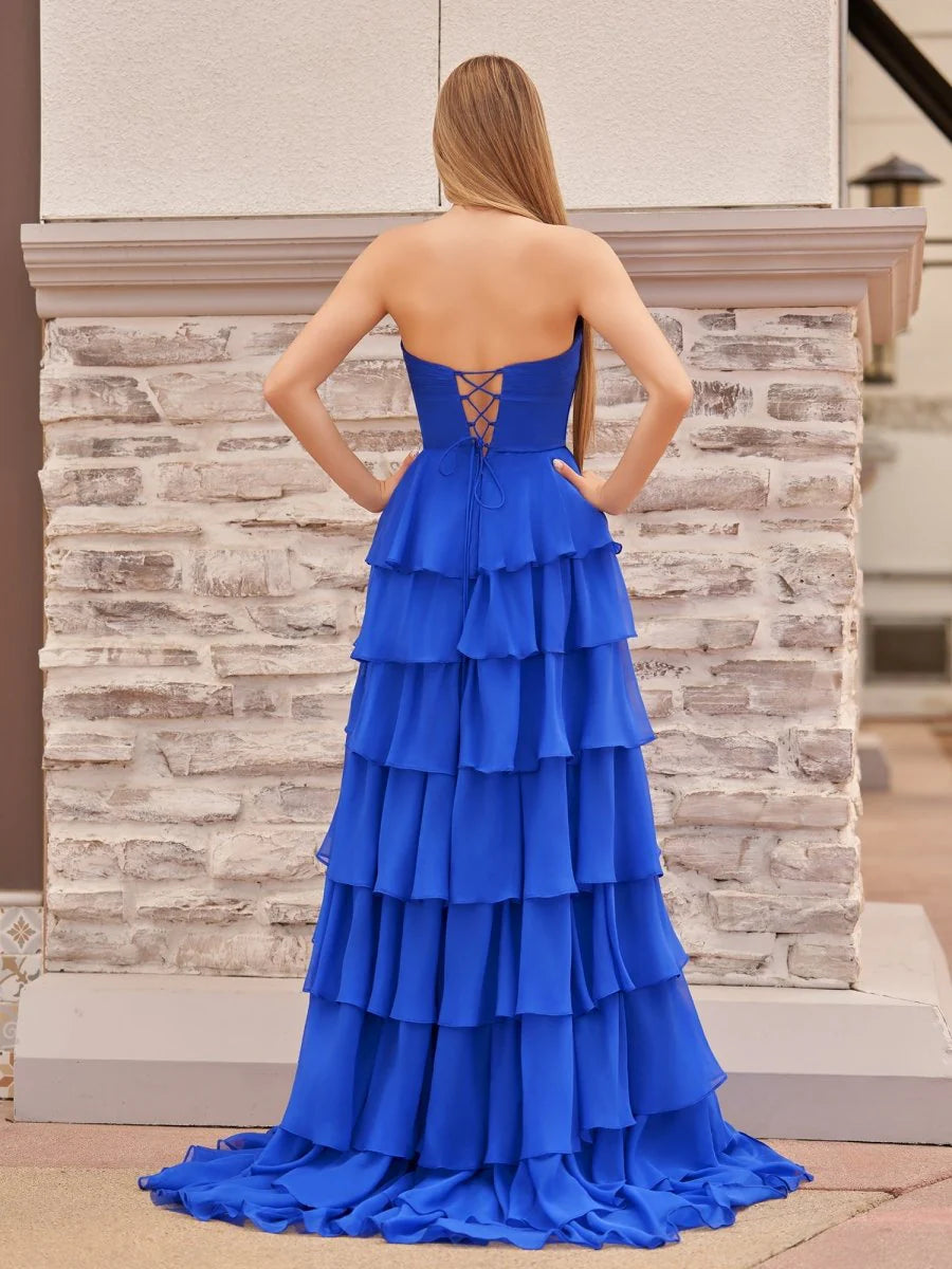 Chiffon A-Line Layered Rose Strapless V-Neck Sleeveless Formal Prom Dress With Slit