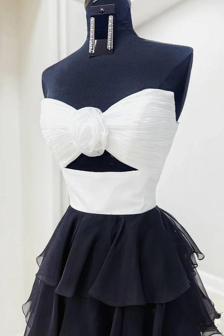 Chiffon A-Line Layered Rose Strapless V-Neck Sleeveless Formal Prom Dress With Slit