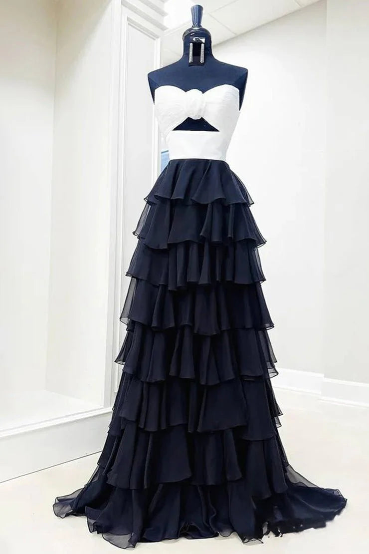 Chiffon A-Line Layered Rose Strapless V-Neck Sleeveless Formal Prom Dress With Slit