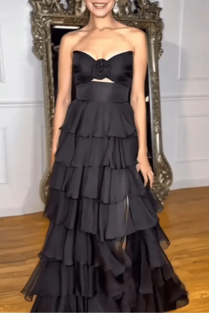 Chiffon A-Line Layered Rose Strapless V-Neck Sleeveless Formal Prom Dress With Slit