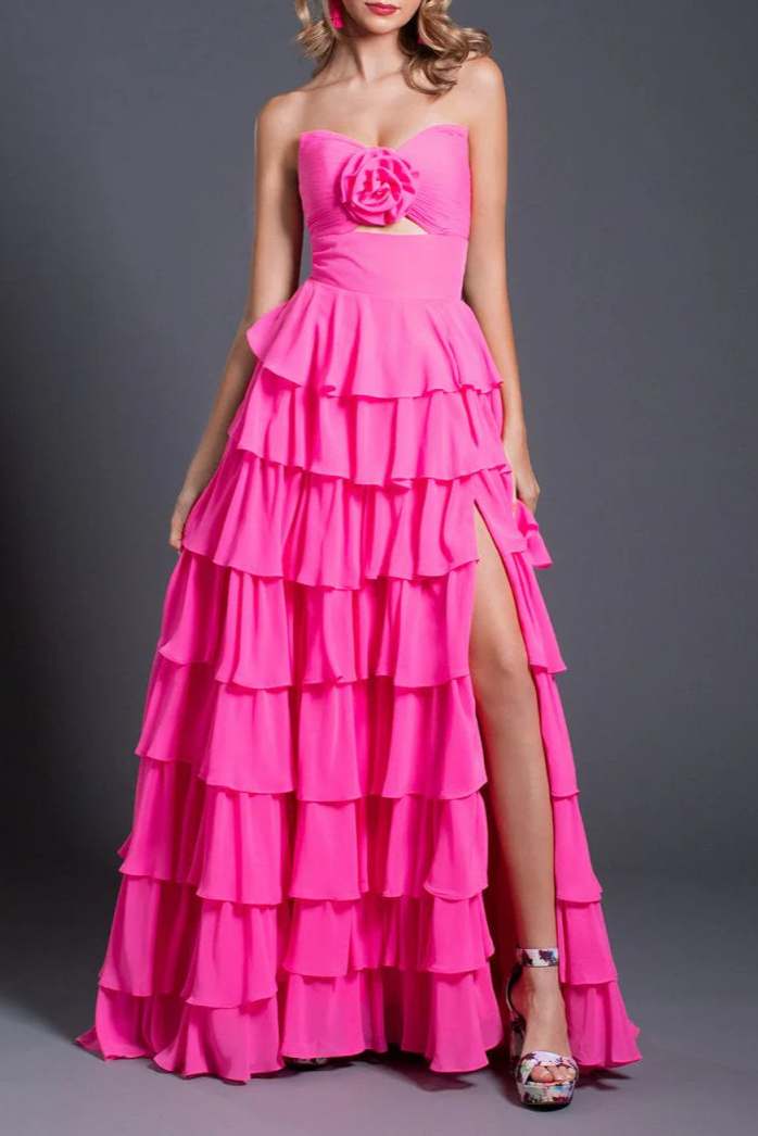 Chiffon A-Line Layered Rose Strapless V-Neck Sleeveless Formal Prom Dress With Slit
