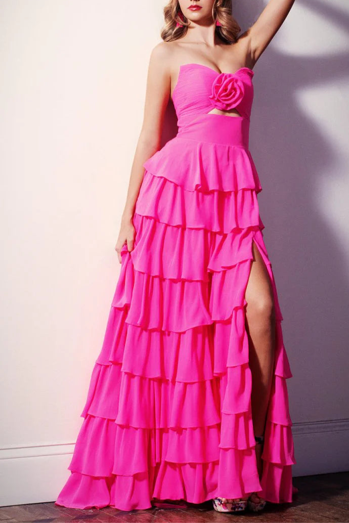 Chiffon A-Line Layered Rose Strapless V-Neck Sleeveless Formal Prom Dress With Slit