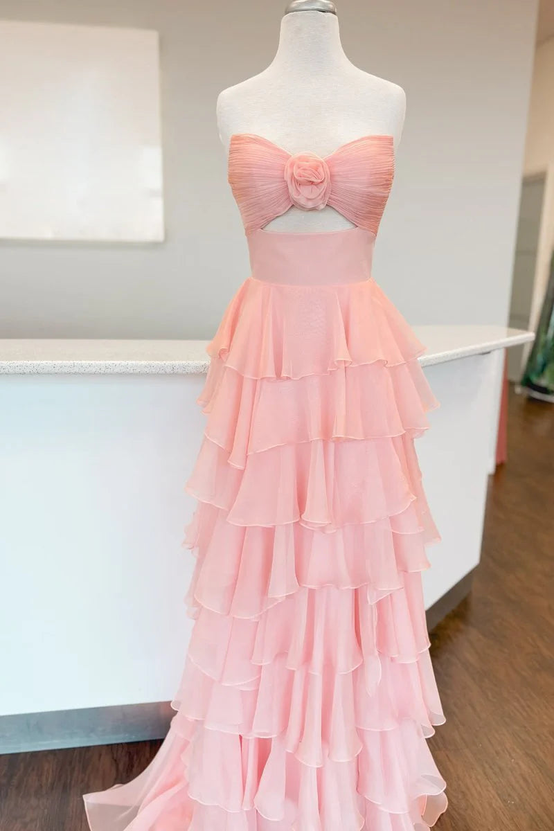 Chiffon A-Line Layered Rose Strapless V-Neck Sleeveless Formal Prom Dress With Slit