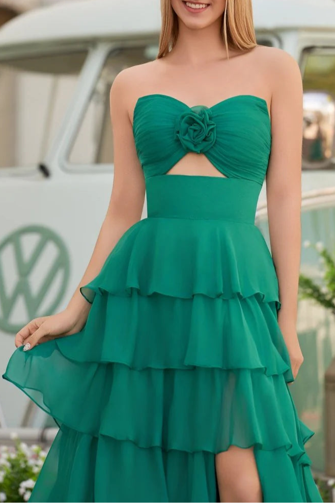 Chiffon A-Line Layered Rose Strapless V-Neck Sleeveless Formal Prom Dress With Slit