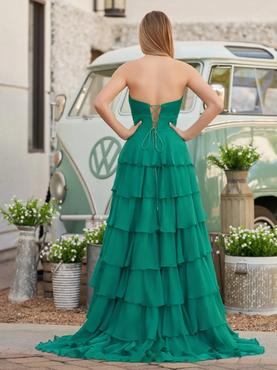 Chiffon A-Line Layered Rose Strapless V-Neck Sleeveless Formal Prom Dress With Slit