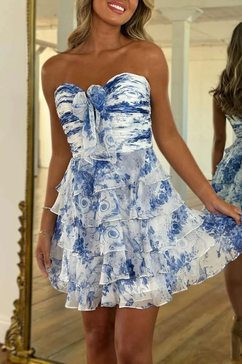 Chiffon Floral A-Line Strapless Layered Short Homecoming Dress