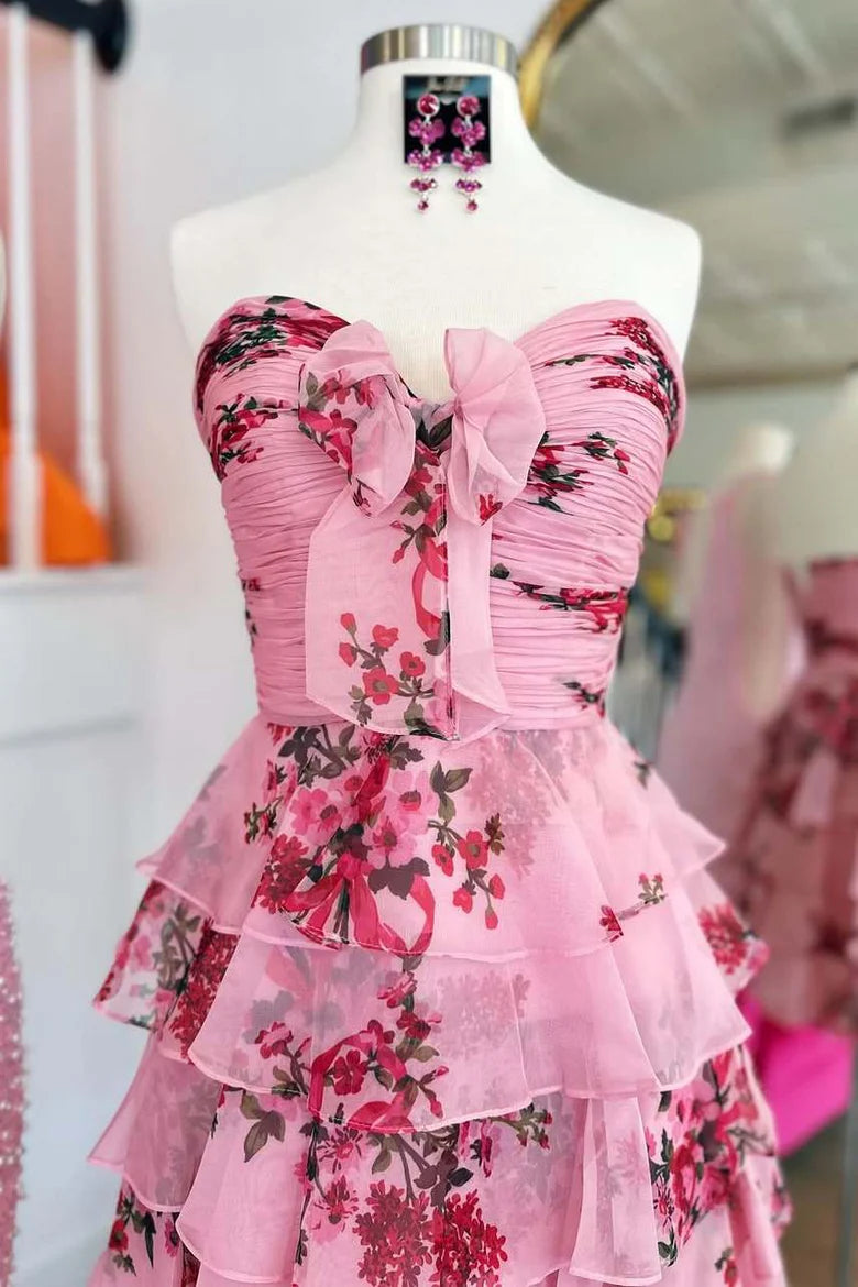 Chiffon Floral A-Line Strapless Layered Short Homecoming Dress