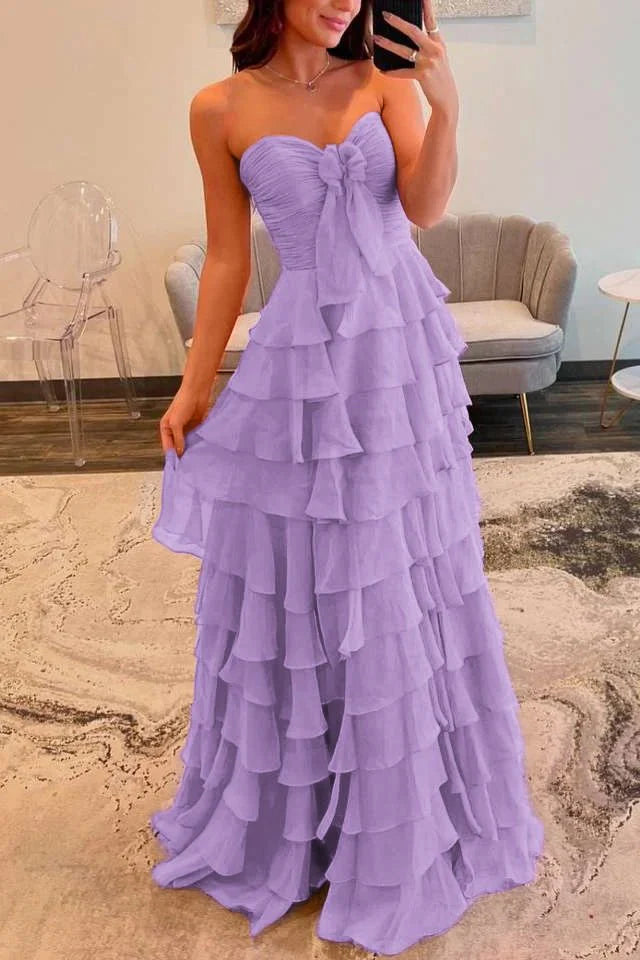 Chiffon Fuchsia Sweetheart Neck Tiered Ruffles A-Line  Floor Length Prom Dress with Slit