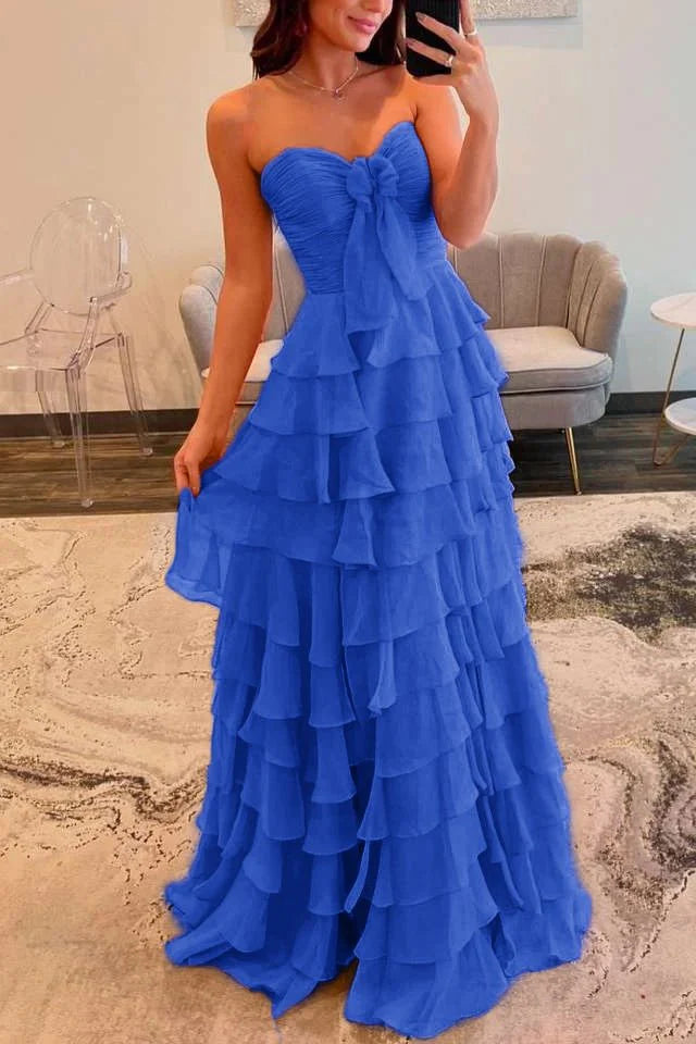 Chiffon Fuchsia Sweetheart Neck Tiered Ruffles A-Line  Floor Length Prom Dress with Slit