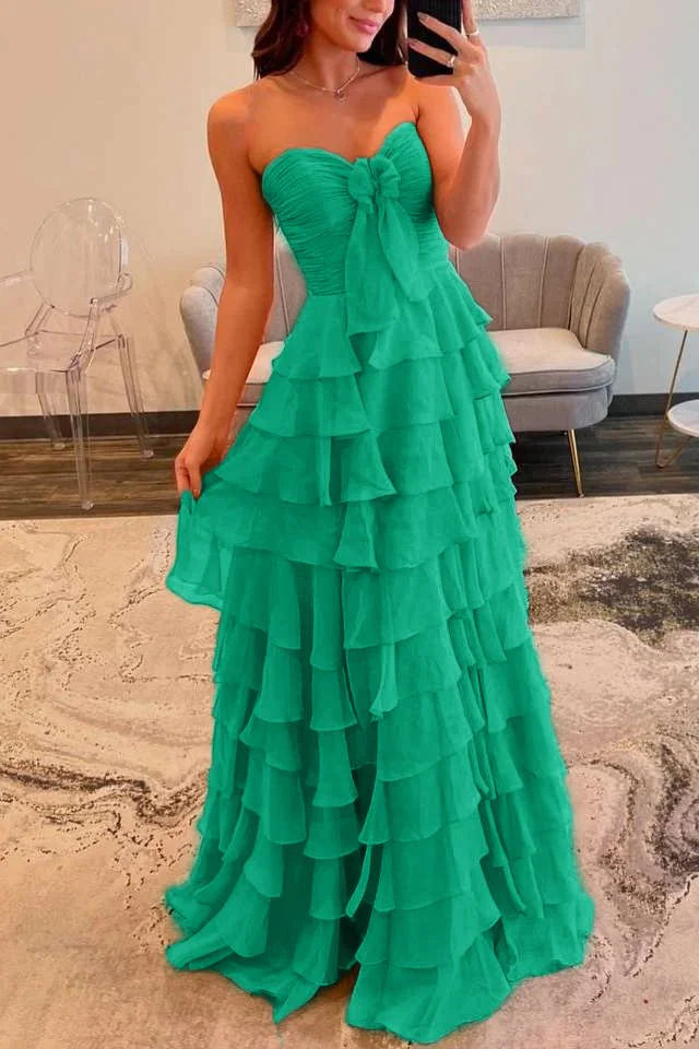 Chiffon Fuchsia Sweetheart Neck Tiered Ruffles A-Line  Floor Length Prom Dress with Slit