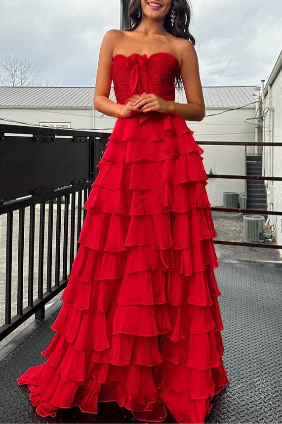 Chiffon Fuchsia Sweetheart Neck Tiered Ruffles A-Line  Floor Length Prom Dress with Slit