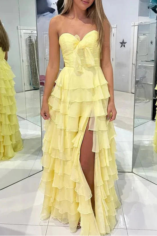 Chiffon Fuchsia Sweetheart Neck Tiered Ruffles A-Line  Floor Length Prom Dress with Slit