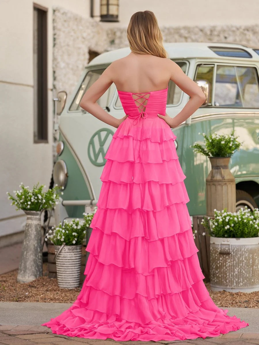 Chiffon Fuchsia Sweetheart Neck Tiered Ruffles A-Line  Floor Length Prom Dress with Slit