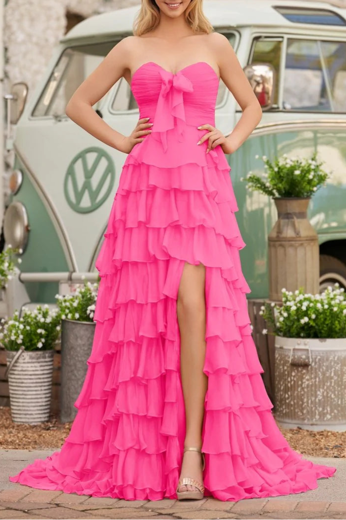 Chiffon Fuchsia Sweetheart Neck Tiered Ruffles A-Line  Floor Length Prom Dress with Slit