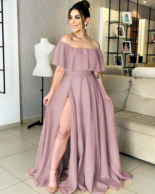 Chiffon Off-the-shoulder Ruffle Split Long Dress Floor Length Bridesmaid Dresses With Cape