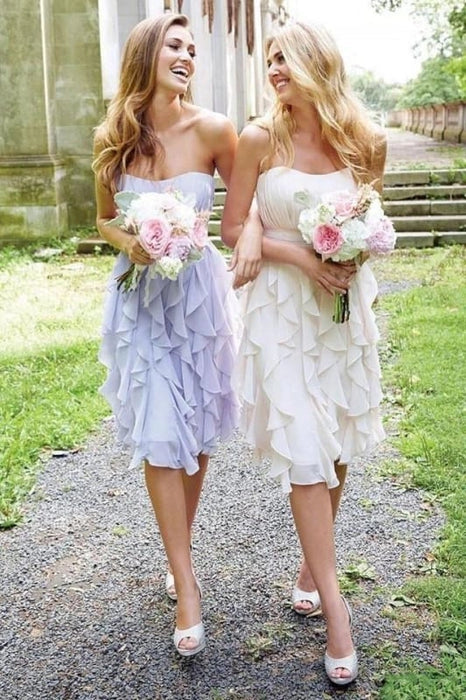 Chiffon Strapless Knee-length A-line Short Bridesmaid Dresses Sleeveless Prom Dress With Ruffle