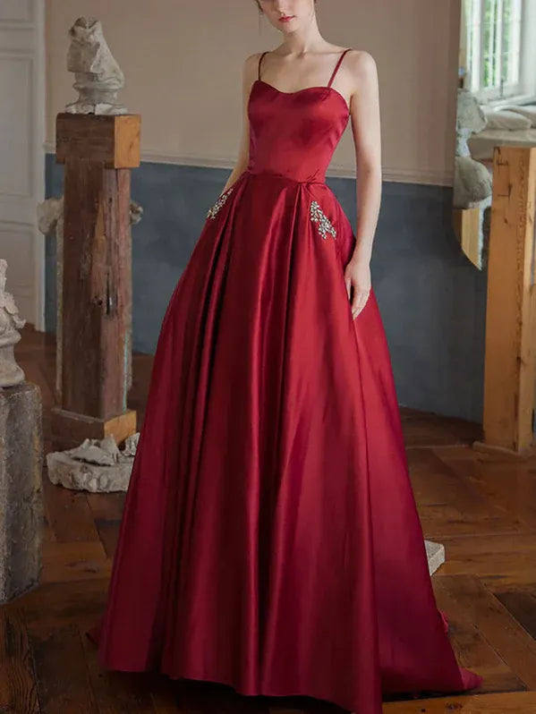 Classic A-Line Sweetheart Beaded Satin Burgundy Floor-Length Prom Dress With Pockets