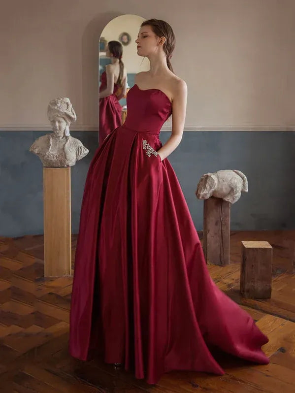 Classic A-Line Sweetheart Beaded Satin Burgundy Floor-Length Prom Dress With Pockets