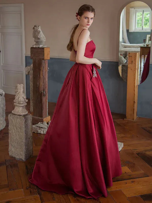 Classic A-Line Sweetheart Beaded Satin Burgundy Floor-Length Prom Dress With Pockets