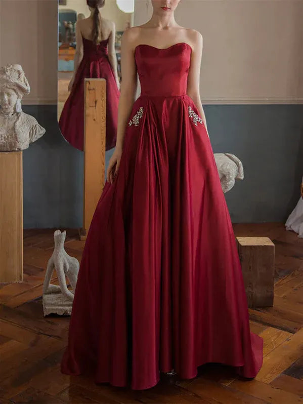 Classic A-Line Sweetheart Beaded Satin Burgundy Floor-Length Prom Dress With Pockets