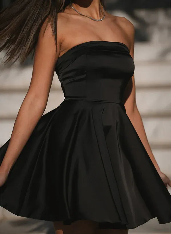 Classic A-line Strapless Sleeveless Satin Black Mini Homecoming Dress Ready To Ship