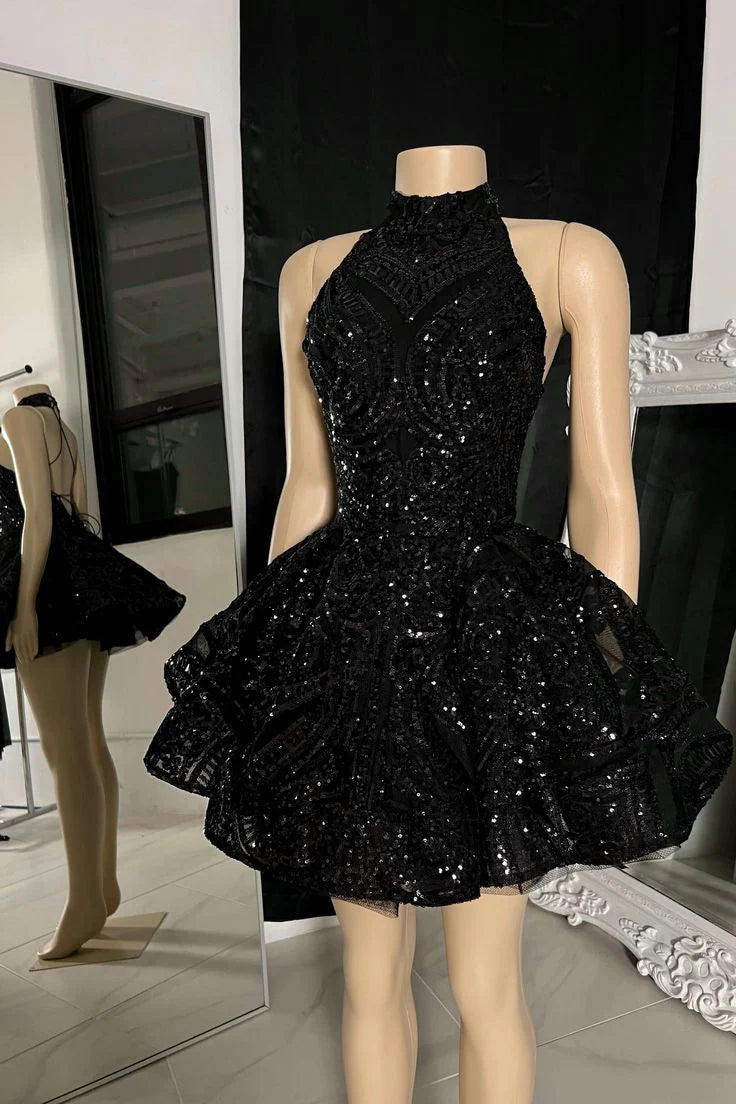 Classic Black High Neck Sequins Appliques Short Homecoming Dress Birthday Outfits