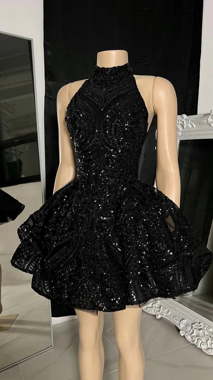 Classic Black High Neck Sequins Appliques Short Homecoming Dress Birthday Outfits