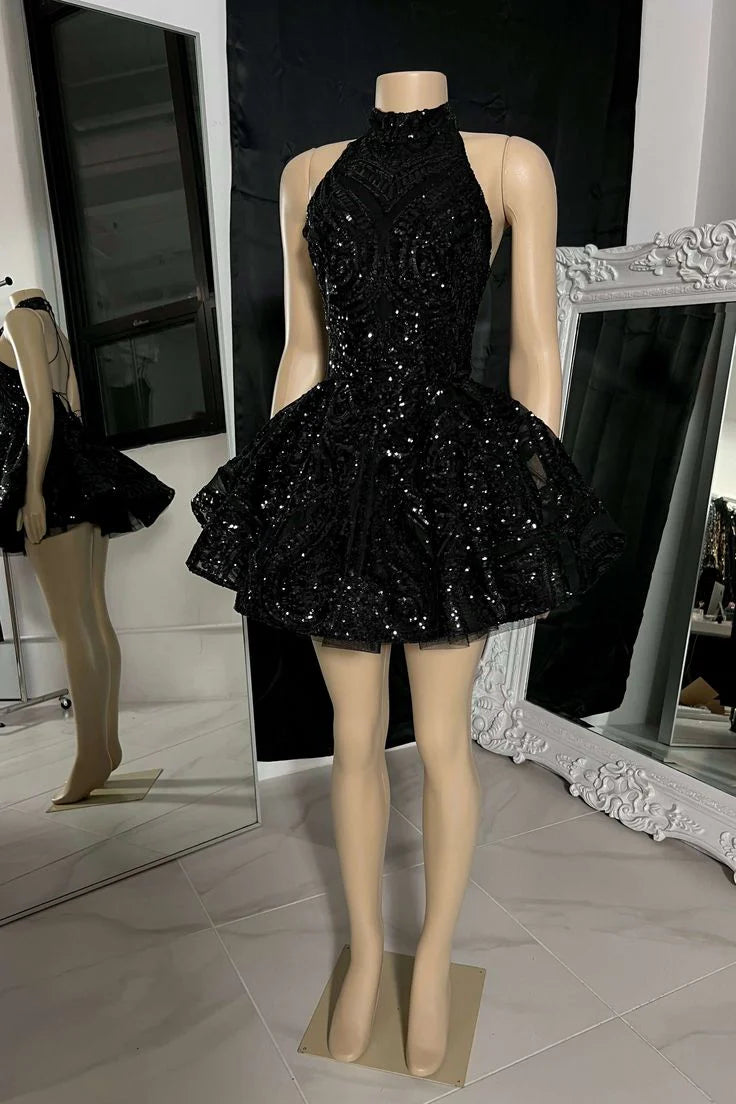 Classic Black High Neck Sequins Appliques Short Homecoming Dress Birthday Outfits