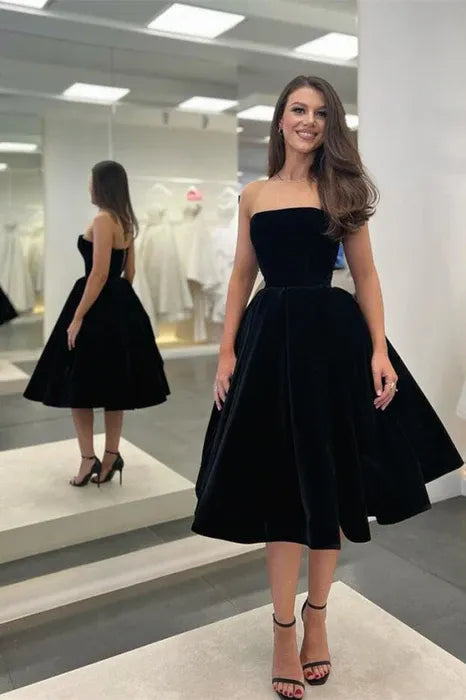 Classic Elegant A-Line Strapless Velvet Black Midi Prom Dress Ready To Ship