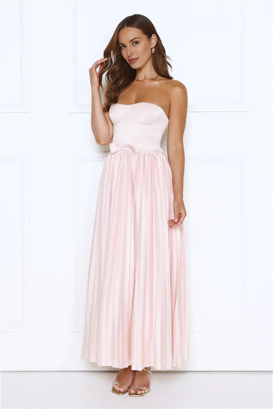 Classic Fit Strapless Pleated Satin Pink Maxi Prom Dress For Women Ready To Ship