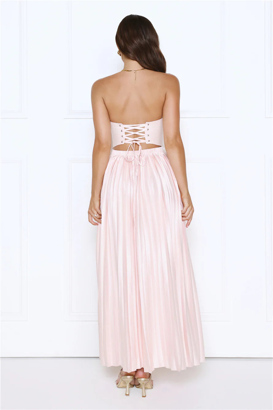 Classic Fit Strapless Pleated Satin Pink Maxi Prom Dress For Women Ready To Ship