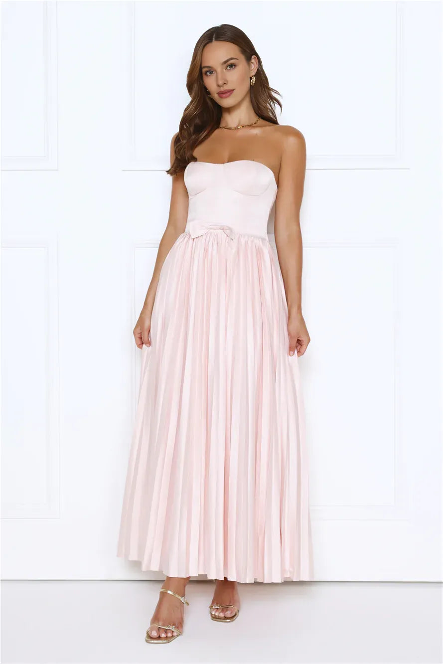 Classic Fit Strapless Pleated Satin Pink Maxi Prom Dress For Women Ready To Ship