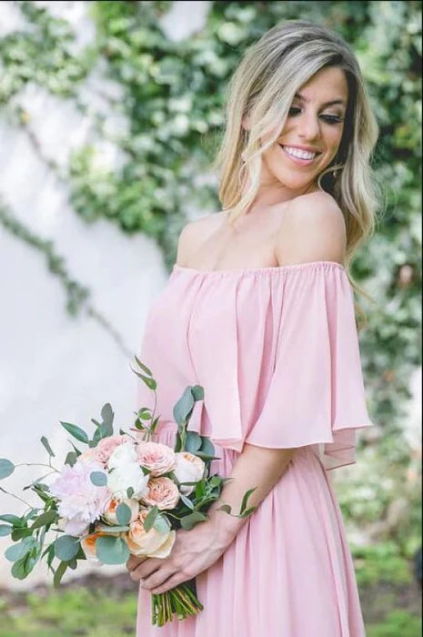 Classic Fuchsia Chiffon Off-the-shoulder Long Dress Floor Length Bridesmaid Dresses With Cape