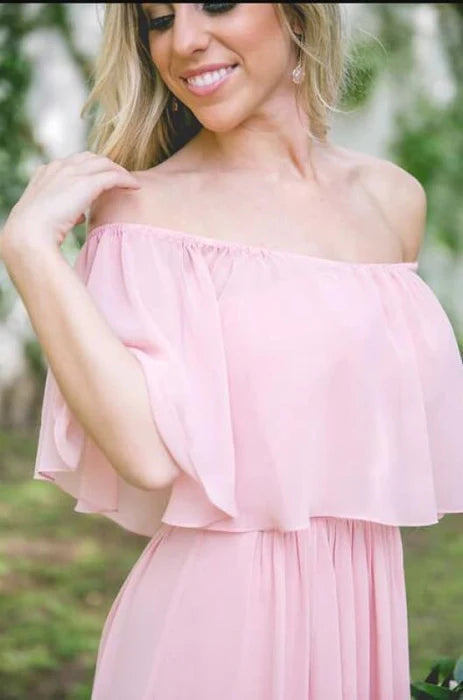 Classic Fuchsia Chiffon Off-the-shoulder Long Dress Floor Length Bridesmaid Dresses With Cape