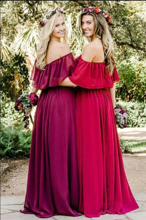 Classic Fuchsia Chiffon Off-the-shoulder Long Dress Floor Length Bridesmaid Dresses With Cape