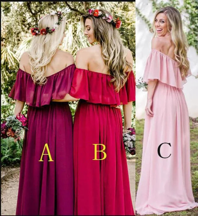 Classic Fuchsia Chiffon Off-the-shoulder Long Dress Floor Length Bridesmaid Dresses With Cape